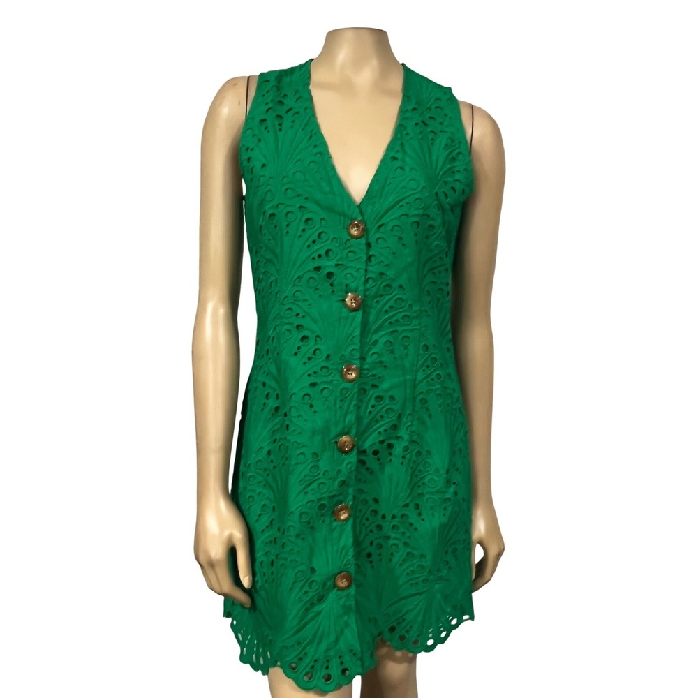 Andie Green Eyelet Lace Button Front Belted Dress Scalloped Hem Coquette NWT S